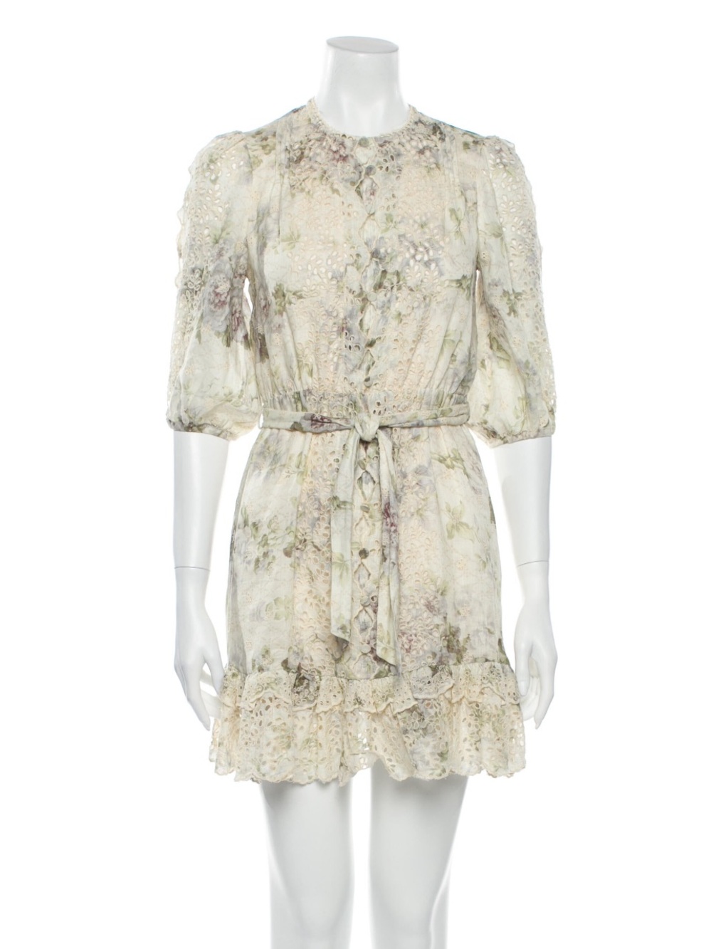Zimmermann Floral Lace Trim Tie-Waist Mini Dress in Cream 0P
